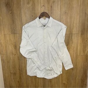 COASTAORO Casual Long Sleeve Button Down, White w/ Blue Micro Floral Design.